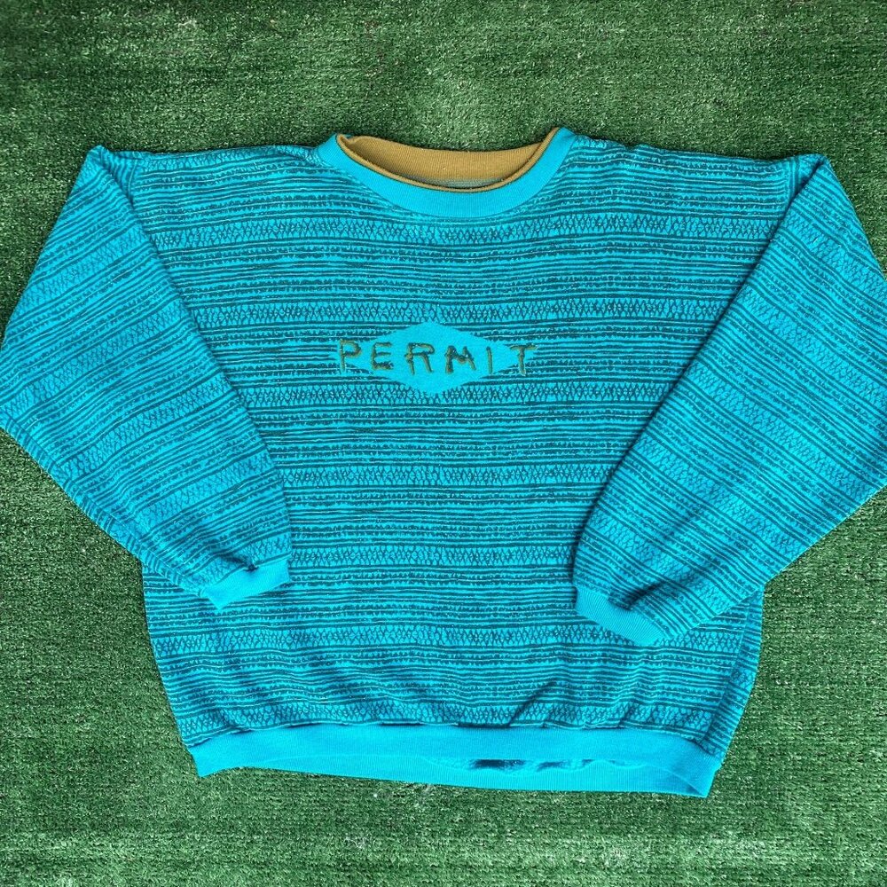 Vintage 90s Permit Skate Surf Geometric Crewneck Sweatshirt All Over Print Blue